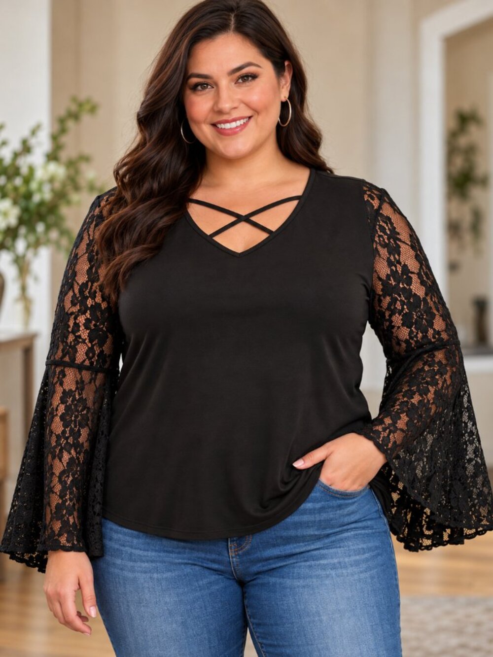 SHEIN Curve 2XL Black Lace Bell Sleeve Crisscross V Neck Plus Size Top